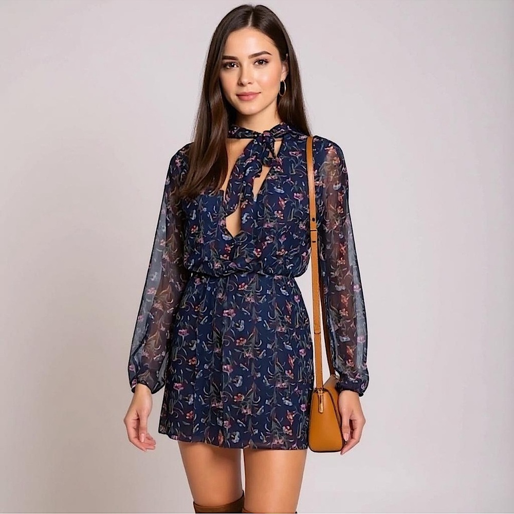 BCBGeneration Navy Floral Tie Neck Chiffon Romper Sheer Sleeves - Size XS - NWT